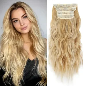 This long wavy blonde wig for women features a middle part and natural look, made with high-temperature synthetic hair for comfortable, all-day wear and versatile styling.