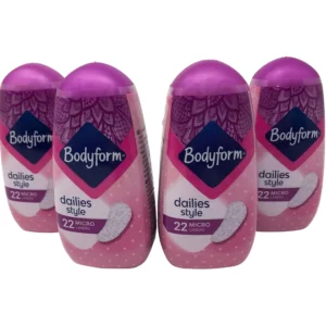 A multipack of Bodyform Dailies Style panty liners containing 4 packs with 22 discreet liners in each, totaling 88 panty liners for women.