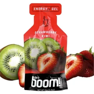 Boom Nutrition strawberry kiwi energy gels provide unbeatable endurance performance with real fruit and complex carbohydrates for cycling and running.