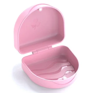 Pink ARGOMAX braces box provides secure storage for dentures and orthodontic appliances with a tight snap closure, made from high-quality, easy-to-clean PP material.