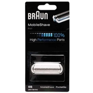 A replacement Braun 5S 5609 shaver foil and frame that fits models 550, 555, 575, 370, and PocketGo shavers for a closer, more comfortable shave, recommended to replace every 18 months.