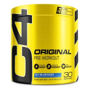Cellucor C4 Original Icy Blue Raspberry pre-workout powder offers sugar-free energy with caffeine, beta-alanine, creatine, and vitamin C, formulated with care in hygienic packaging for both men and women.