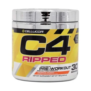 This image shows a tub of Cellucor C4 Ripped pre-workout powder in Tropical Punch flavor, a creatine and sugar free energy supplement designed for both men and women, containing 150mg of caffeine and beta alanine to support fat loss and increase endurance during workouts.