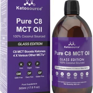 Ketosource C8 MCT Oil in a glass bottle, a high purity caprylic acid supplement that efficiently boosts ketones for clean, sustained energy on paleo, vegan, and ketogenic diets.