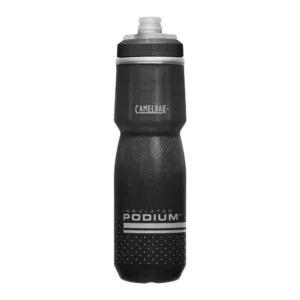 Black CamelBak Podium Chill 24 oz insulated bike water bottle keeps water cold longer with its double-walled construction and features an easy squeeze design and high-flow, self-sealing cap.