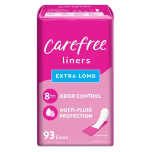 A 93-count pack of Carefree Acti-Fresh extra long thin pantiliners with a soft, quilted honeycomb design and Qwik-Dry core for comfortable, flexible, and absorbent protection.