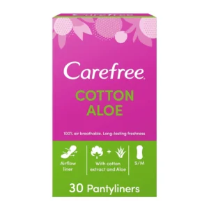 Individually wrapped Carefree cotton panty liners with aloe vera, designed for sensitive skin, providing breathable, secure, and comfortable daily freshness.