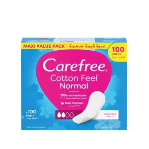 Pack of Carefree Cotton Feel perfume-free panty liners with breathable design and natural cotton extract for all-day freshness and comfortable, secure protection.