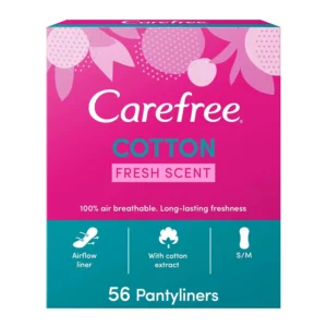 This image shows a package of Carefree Daily Cotton Panty Liners with a fresh scent, offering breathable comfort and discreet protection for everyday use and sensitive skin.