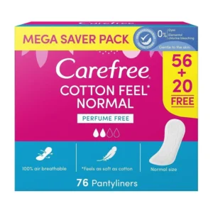 This image displays Carefree Cotton Feel unscented pantyliners, designed with breathable material and cotton extract for a fresh, comfortable, and discreet everyday hygiene solution for sensitive skin.