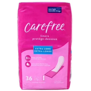 A package of Carefree Body Shape Extra Long pantiliners featuring 8-hour odor control and a thin, absorbent design.