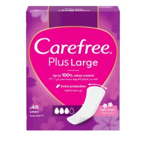 Carefree Plus Large panty liners offer discreet daily protection, absorbing light leaks and discharge for all-day freshness and comfort, even on sensitive skin.