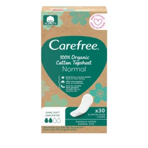 A pack of 30 Carefree organic cotton pantyliners designed for sensitive skin, featuring a 100% organic cotton topsheet that is breathable, hypoallergenic, and dermatologically tested.