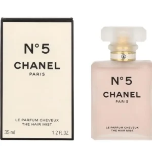 A 35ml bottle of Chanel No. 5 hair mist with lemon top notes, a rose middle note, and a musk base note.