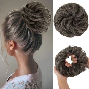 A steel grey wavy synthetic hair scrunchie by CJL HAIR, designed as an easy messy bun hair piece for adding volume and creating a quick updo.