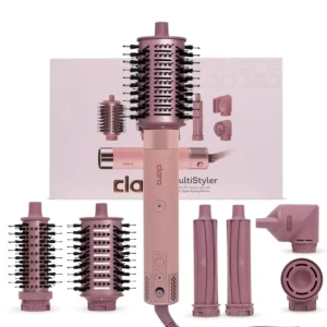 Pink Clara Multi Styler with auto-wrap curlers and brush attachments for creating frizz-free waves and voluminous blowouts.