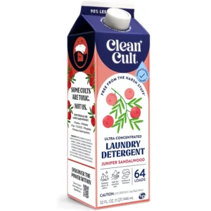 Cleancult Juniper Sandalwood laundry detergent uses plant-derived ingredients to powerfully clean clothes and leave a fresh scent, packaged in an eco-friendly paper carton.