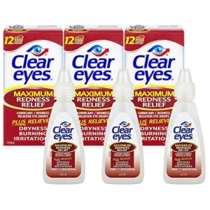 Three bottles of Clear Eyes Maximum Redness Relief eye drops provide temporary relief from burning, irritation, and dryness while soothing and moisturizing for up to 8 hours.