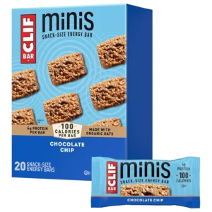 Clif Bar Mini Chocolate Chip energy bars are made with organic oats and plant-based food to provide on-the-go sustained energy.