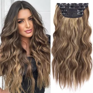 These honey blonde mixed with light brown clip in hair extensions are 20 inches long, providing a wavy and natural look for any face shape, perfect for adding volume and style to your hair.