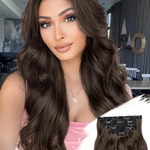 These 20 inch wavy clip in hair extensions in chocolate and dark brown provide a voluminous look for women with thinning hair and are perfect for daily use.