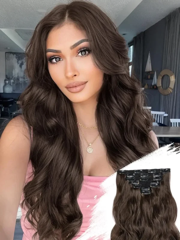 Clip in Hair Extensions Wavy Brown 20 Inch