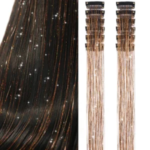 Champagne clip in hair tinsel extensions add a sparkly touch to any hairstyle for parties, festivals, and everyday wear.