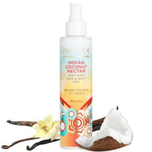 Pacifica Indian Coconut Nectar body mist offers a warm, sultry blend of coconut and creamy vanilla scent with natural and essential oils, alcohol-free, vegan, and cruelty-free formula.