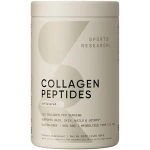 Sports Research collagen peptides powder helps support healthy skin, nails, bones and joints with 11 grams of type 1 and 3 hydrolyzed collagen per serving.
