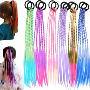Twelve colorful braided hair extensions with rubber bands in gradient shades, perfect for adding fun and vibrant accents to girls' hairstyles.