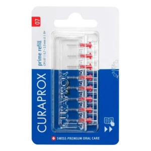 Eight red Curaprox CPS 07 Prime interdental brush refills with ultra-fine 0.7mm bristles for effective cleaning and plaque removal in tight spaces.