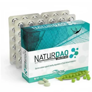 NaturDAO supplement containing 1,000,000 HDU of DAO enzyme to help block histamine and support digestive health, made with vegan-friendly ingredients.