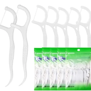 This image displays a pack of dental floss picks made with plastic handles and high molecular weight polyethylene fiber floss for removing food and preventing gum disease.