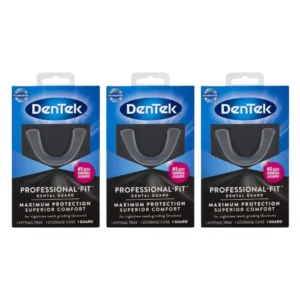 This image shows a pack of three DenTek Maximum Protection Dental Guards for professional fit and comfortable nighttime use.