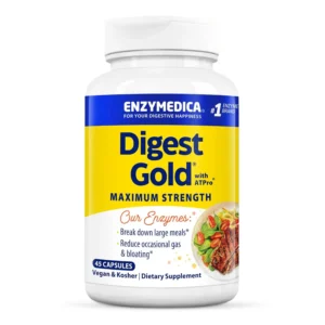 Enzymedica Digest Gold provides enzymes that help break down food for optimal digestion, improving well-being, concentration, and vitality.