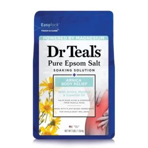 Dr Teal's Epsom Salt soak with arnica and menthol helps to relieve muscle aches and soreness with magnesium sulfate and eucalyptus essential oil for a relaxing bath.