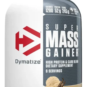 This is a 6lb tub of Dymatize Super Mass Gainer in Vanilla Cream flavor, formulated with 52g of protein, 245g of carbs, 1310 calories, and 10.7g of BCAAs including 5.1g of Leucine to help build muscle.