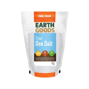A resealable package of Earth Goods Fine Sea Salt, a 100% natural, non-GMO source of sodium, calcium, potassium and iron.