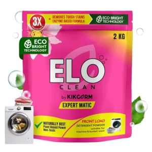 ELO Clean plant-based detergent powder effectively removes tough stains while being gentle on clothes and the environment.