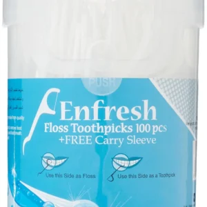 A pack of 100 Enfresh floss toothpicks, offering a hygienic and quality finishing touch for dental care.