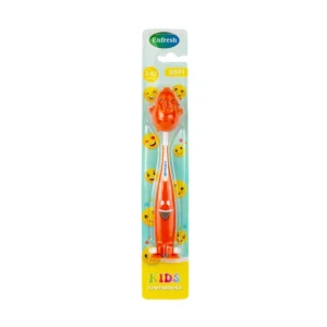 A colorful Enfresh toothbrush with soft bristles designed for effectively cleaning a child's teeth, gums, and tongue, even in hard-to-reach areas of the mouth.