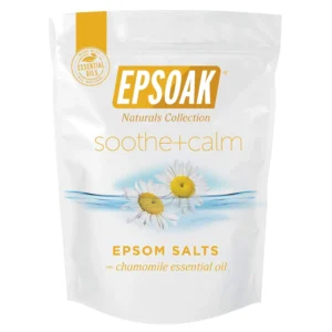 Epsoak Epsom Salt with calming essential oils dissolves easily in warm water to soothe muscle pain and detoxify skin.
