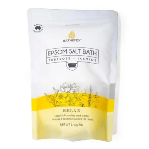 Bathefex Epsom salt bath with tuberose and jasmine essential oils to soothe muscles, cleanse, and relax the body.