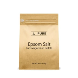 Four-ounce bag of Pure Original Ingredients Epsom Salt, a pure magnesium sulfate soaking solution for relaxation, coarse cleaning, exfoliation, and DIY bath bombs.