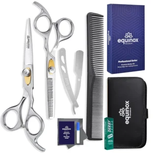 The Equinox Professional Hair Scissors Set includes cutting and thinning shears, comb, straight razor, and accessories for premium hairdressing.