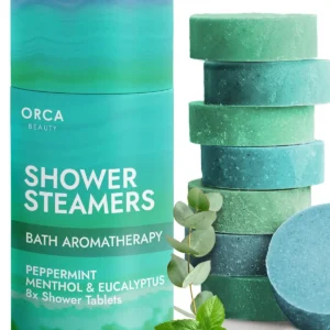 Orca Beauty aromatherapy shower steamer 8-pack with eucalyptus scent in tablet form.