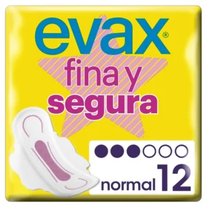 This image shows a 12-count package of unscented EVAX Fine pads with secure normal wings.