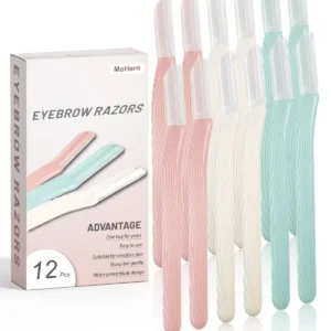This set of 12 eyebrow razors for women features microblades for dermaplaning and removing facial hair, with colorful handles and protective covers.