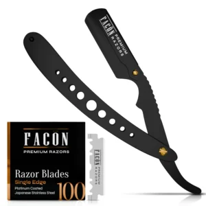 This straight razor kit for men includes a premium stainless steel barber razor and 100 platinum blades for achieving a smooth, precise, and irritation-free shave at home or in a professional barber setting.