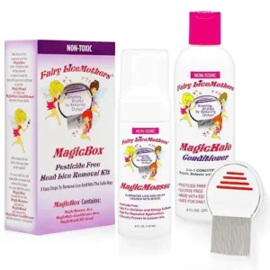 The Fairy LiceMothers MagicBox Kit includes head lice treatment mousse, Halo conditioner, and a Magic Wand metal lice and nit comb for exploring lice and nit-free hair.